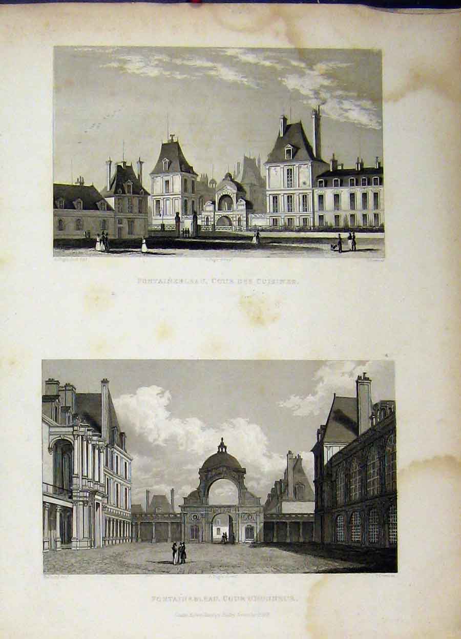 Original Old Antique Print 1829 Fontainebleau Cour D'Honneur Cour Des Cuisines