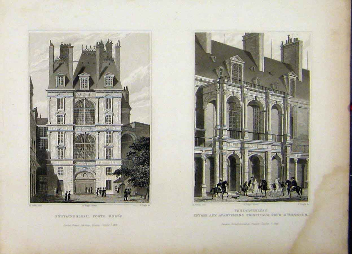 Original Old Antique Print 1829 France Fontainebleau Porte Doree House D'Honner