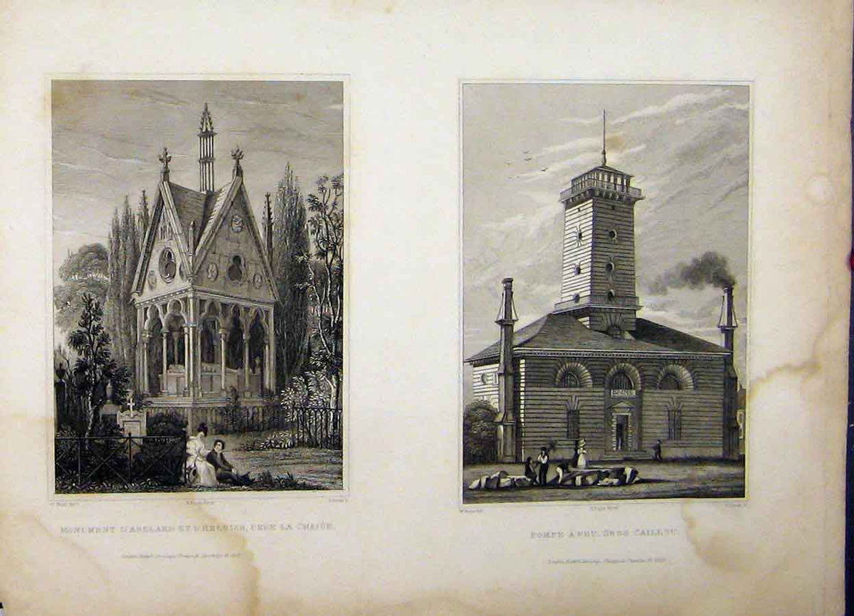 Old Antique Print Monument Pere Chaise 1829 Pompe Caillou Fenner France 19th