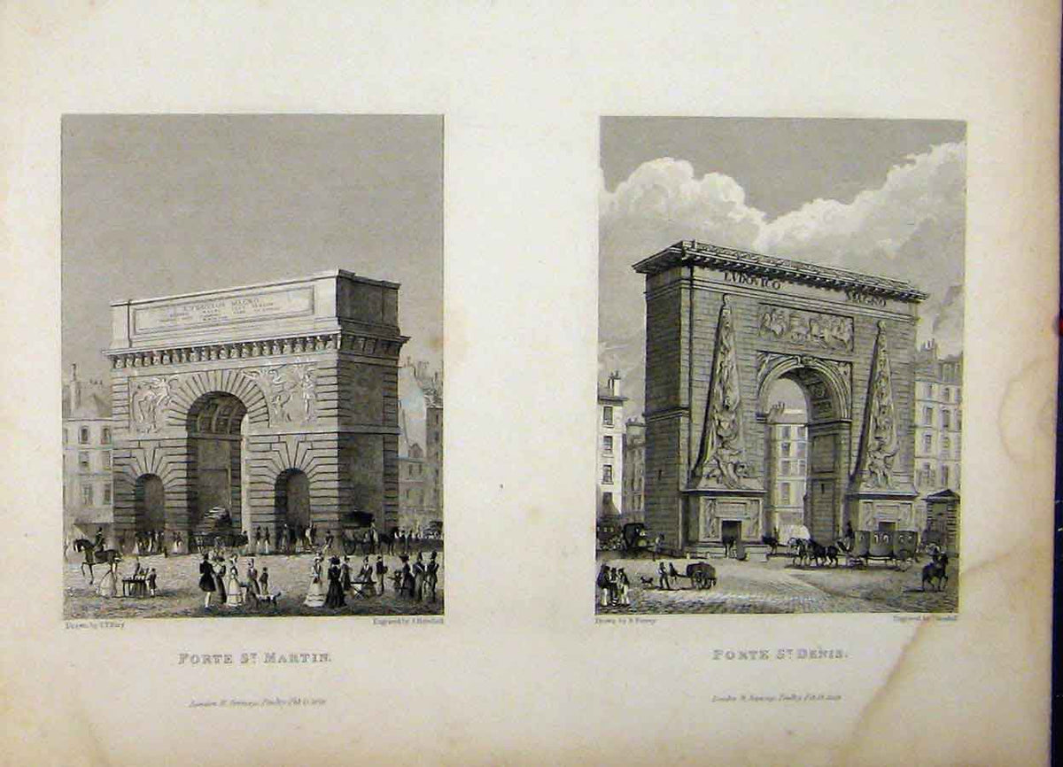 Original Old Antique Print 1829 Gate Exit Arch St Martin Denis France Henshall
