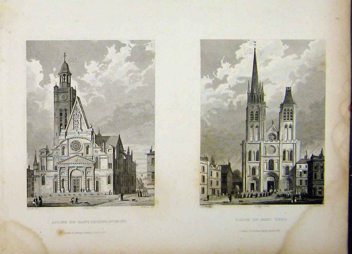 Original Old Antique Print 1829 Church Saint-Etienne-Du-Mont Denis Romney 19th