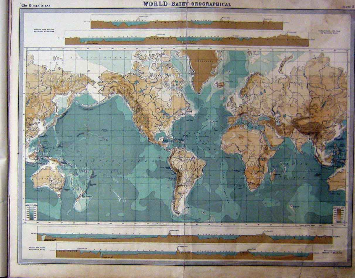 Original Old Vintage Print 1920 World Bathy Orographical Colour 20th Century