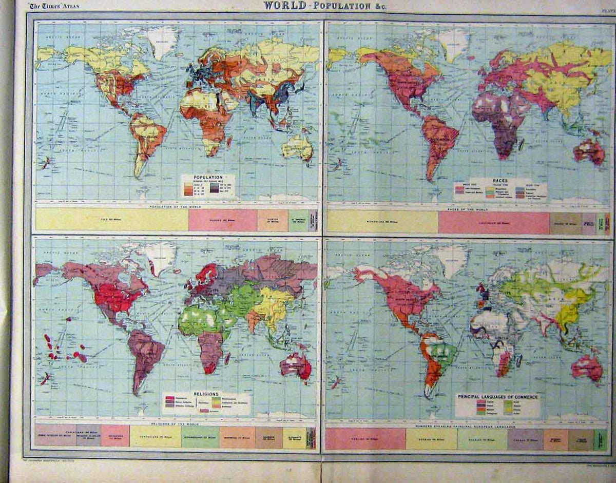 Original Old Antique Print World Population Races Religions Languages