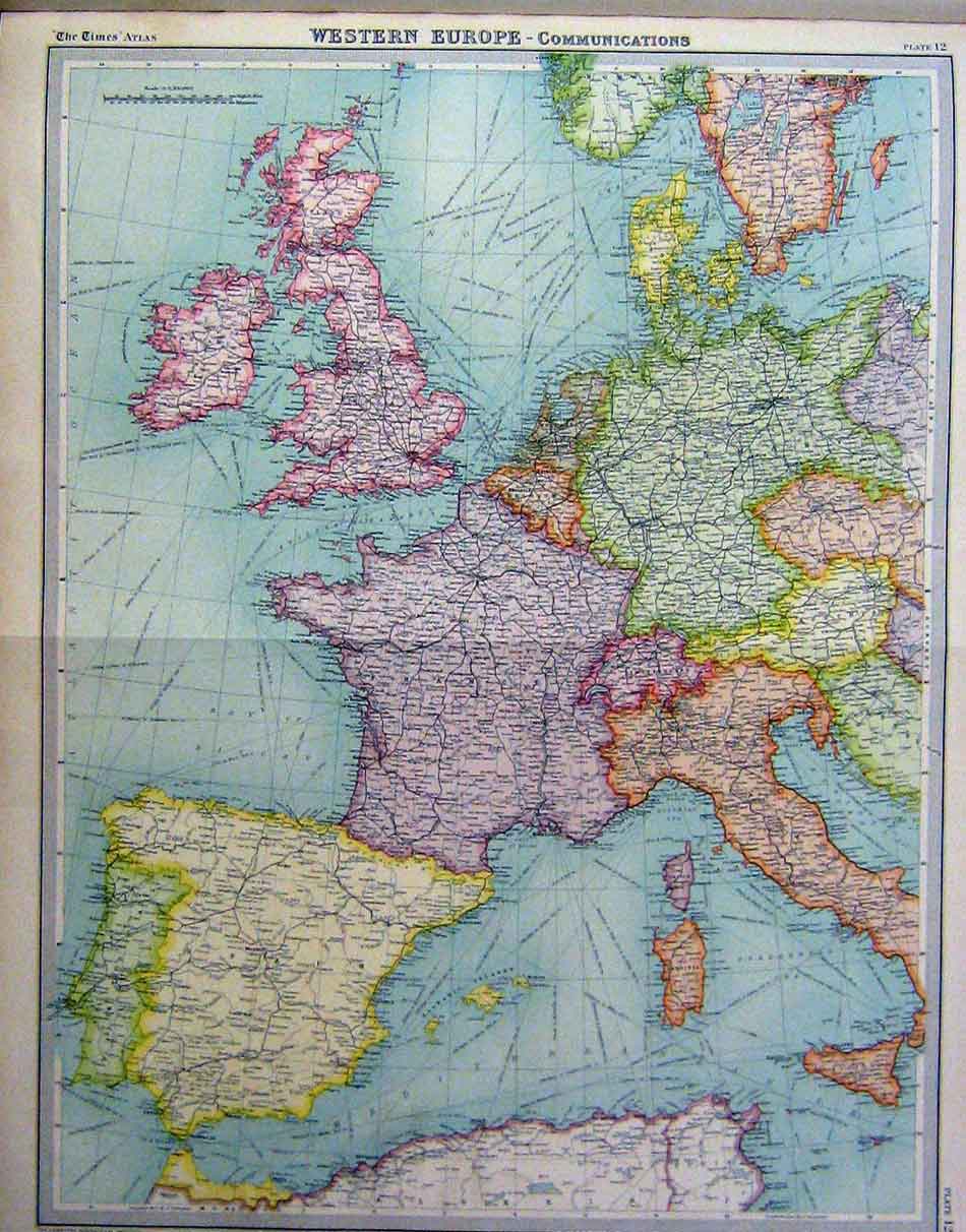 Original Old Vintage Print 1920 Western Europe Communications Colour 20th