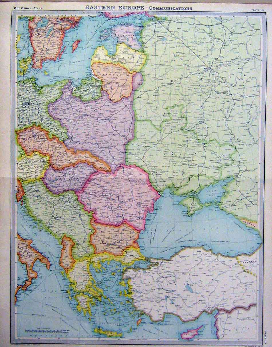 Original Old Vintage Print Eastern Europe Communications 1920 Colour 20th