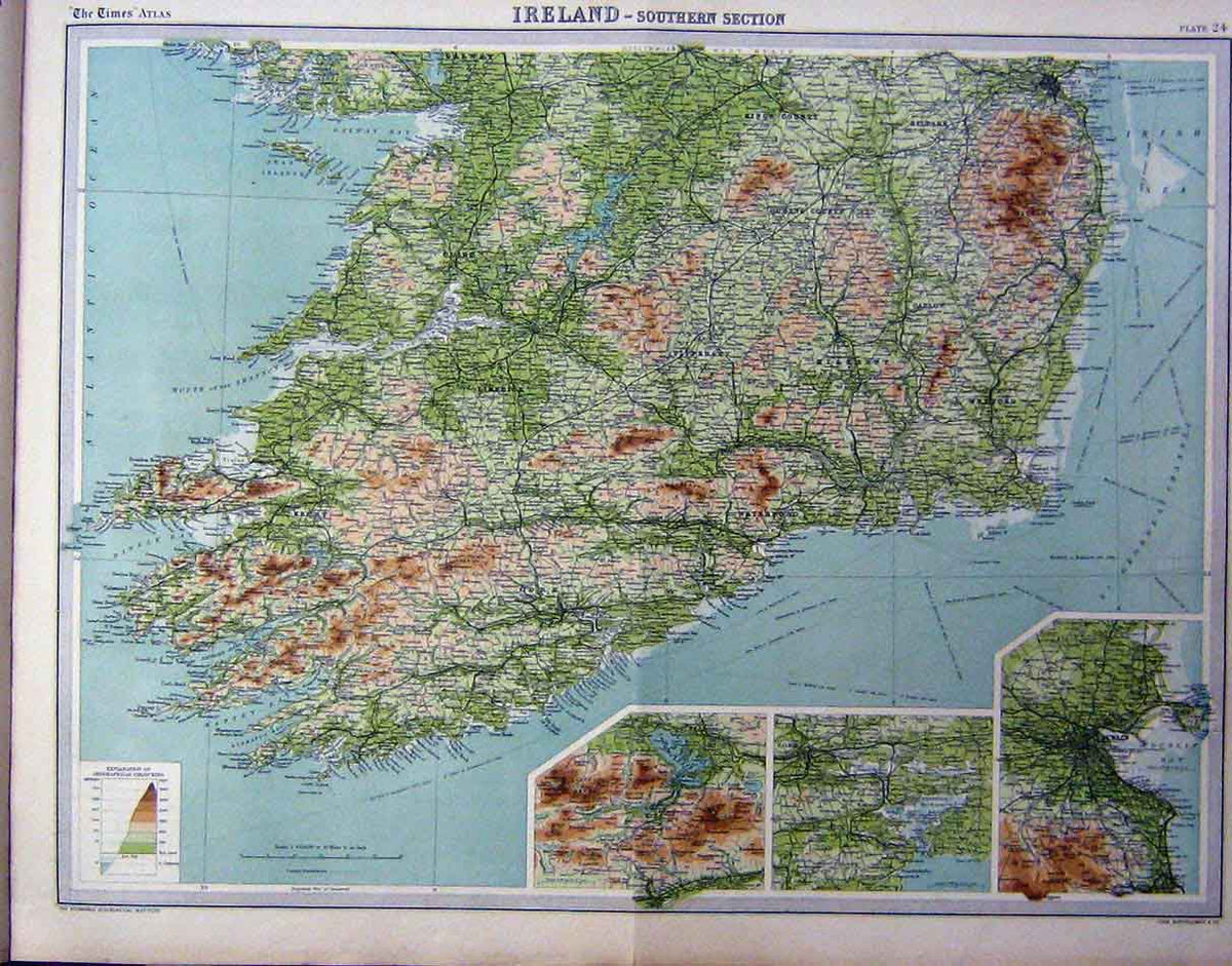 Original Old Vintage Print Ireland Colour Map Southern Section 1920 20th