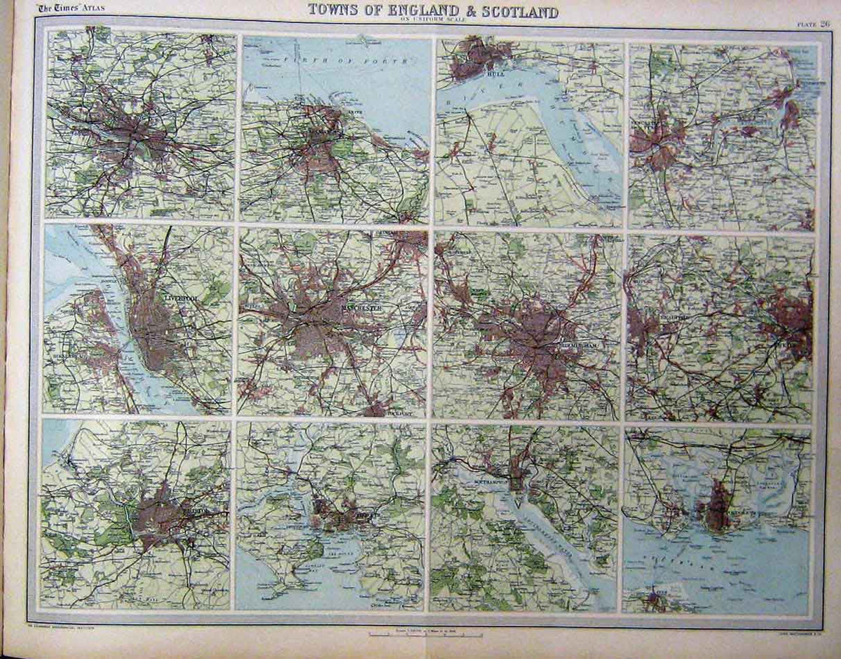 Original Old Vintage Print 1920 Towns England Scotland Uniform Scale 20th