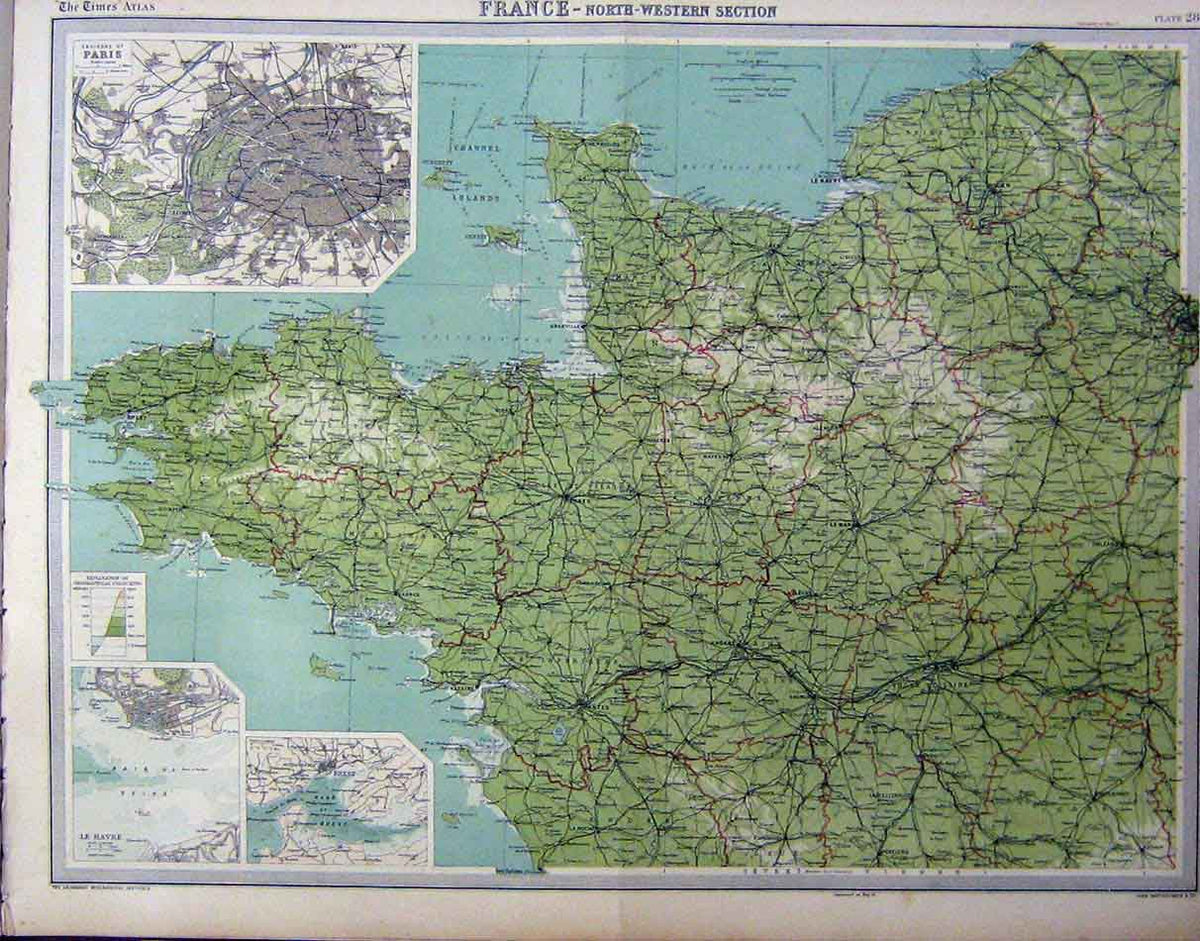 Original Old Vintage Print France North Western Section 1920 Map 20th Century