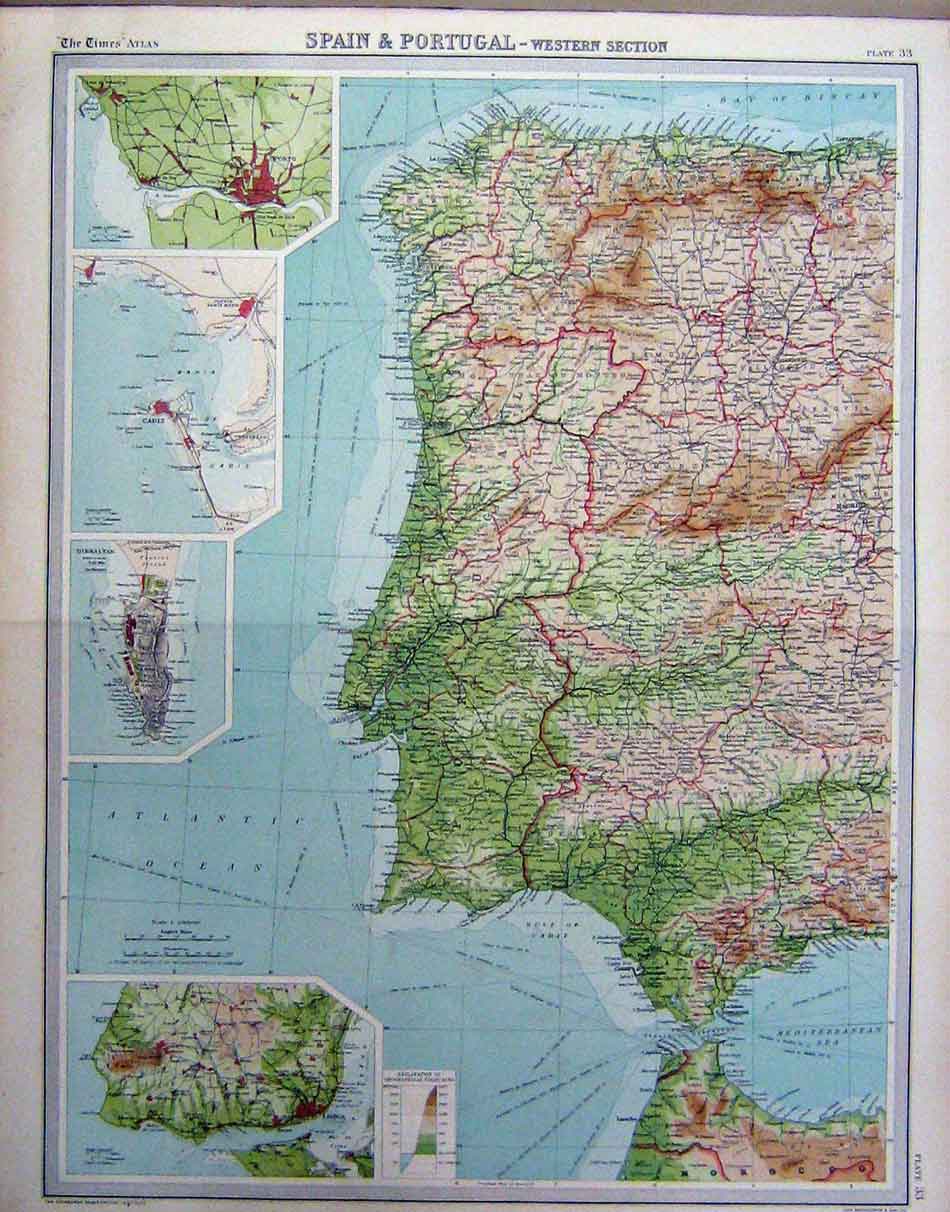 Original Old Vintage Print 1920 Spain Portugal Western Section Map 20th Century