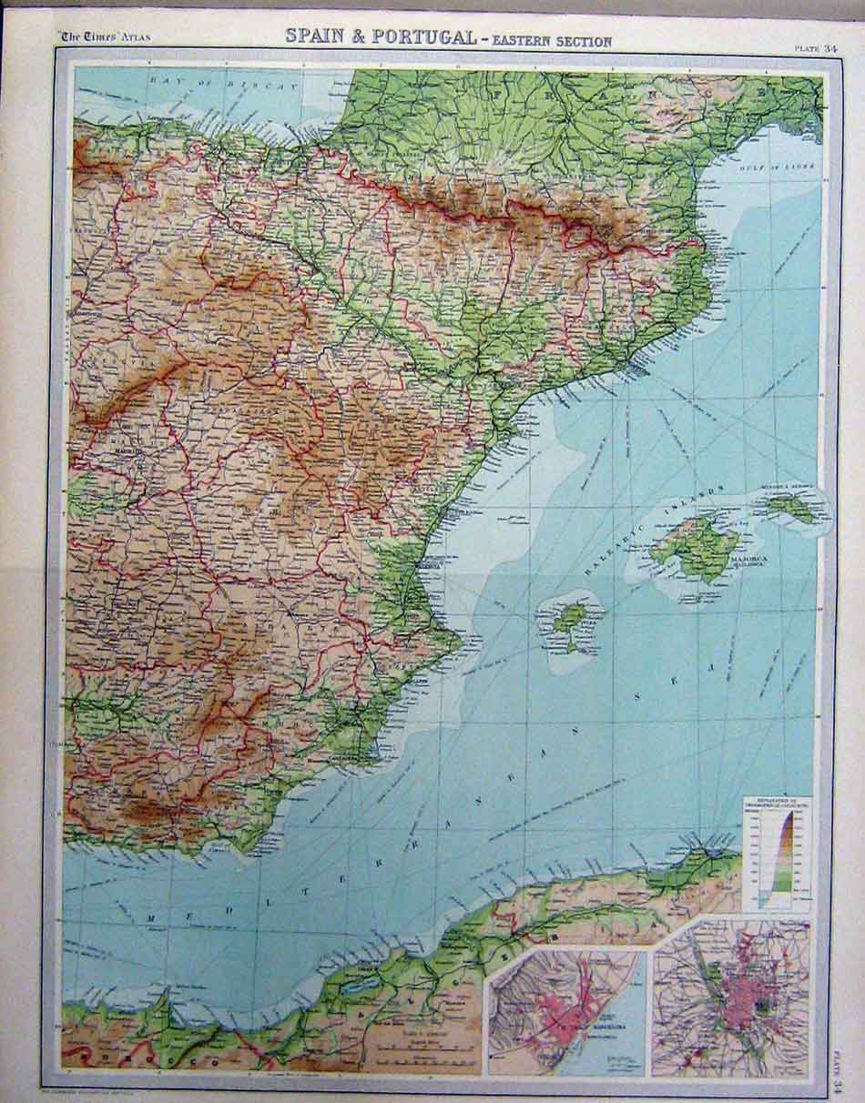 Original Old Vintage Print Spain Portugal Eastern Section 1920 Map 20th Century