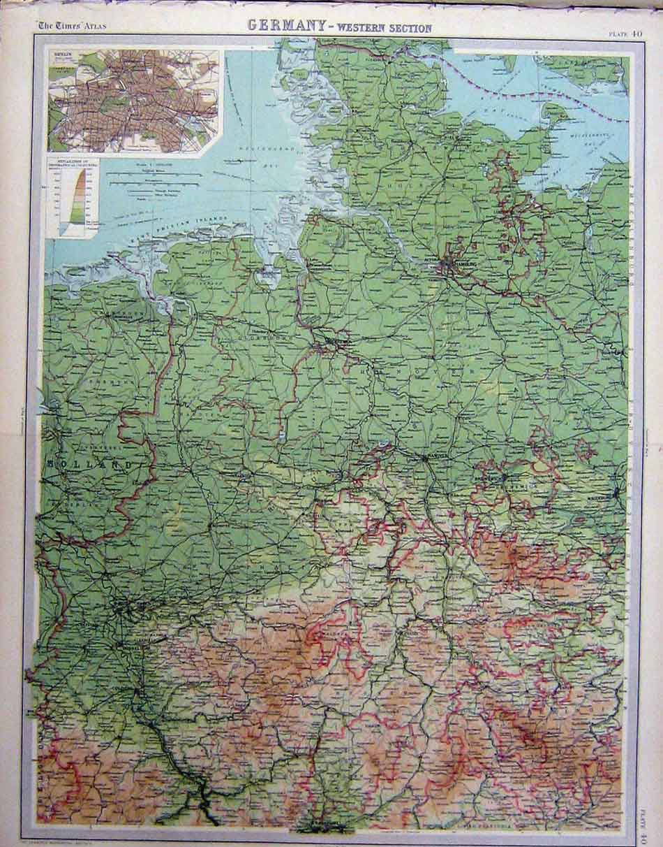 Original Old Vintage Print 1920 Map Germany Western Section Colour 20th Century