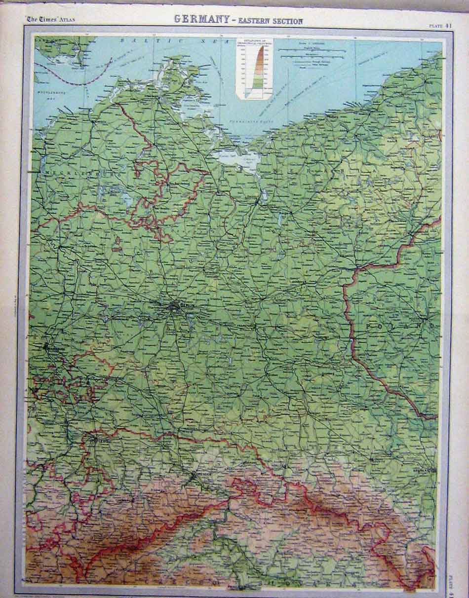 Original Old Vintage Print 1920 Map Germany Eastern Section Colour 20th Century