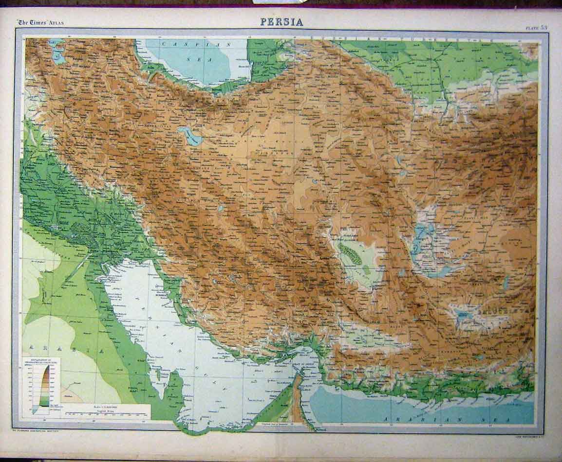Original Old Vintage Print 1920 Colour Map Persia Orographical 20th Century