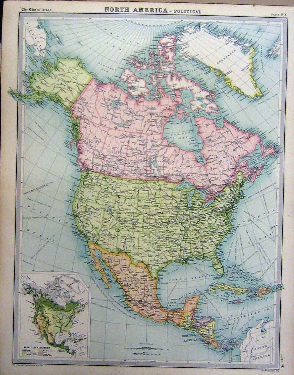 Original Old Vintage Print 1920 Map North America Political Vegetation 20th