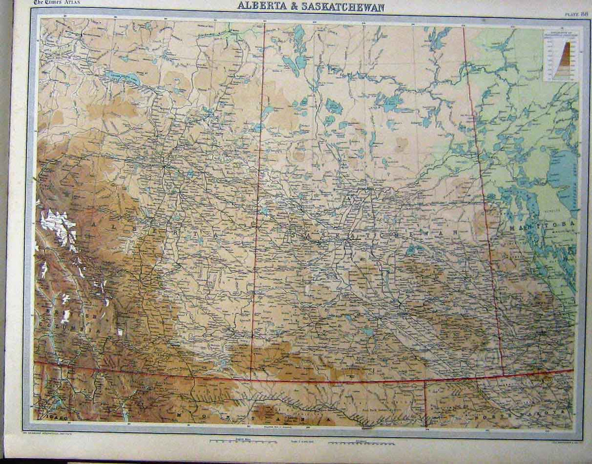 Original Old Vintage Print Alberta Saskatchewan Colour Map 1920 20th Century