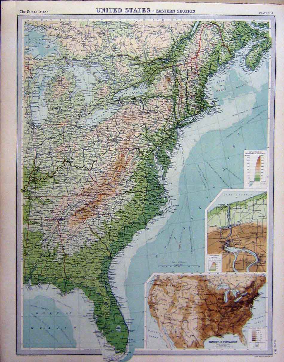 Original Old Vintage Print 1920 United States Eastern Section Map 20th Century