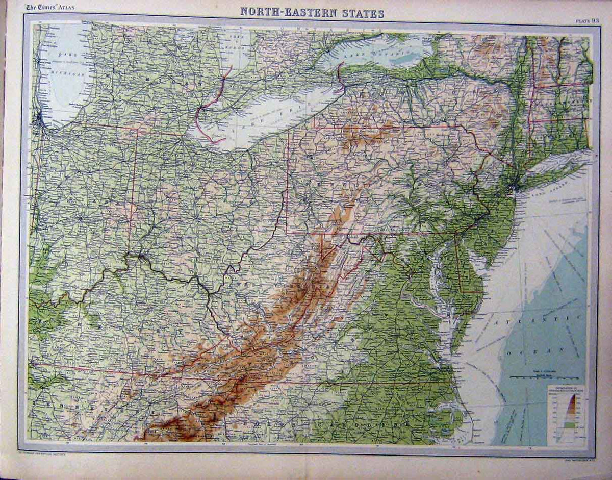 Original Old Vintage Print North-Eastern States America 1920 Colour 20th