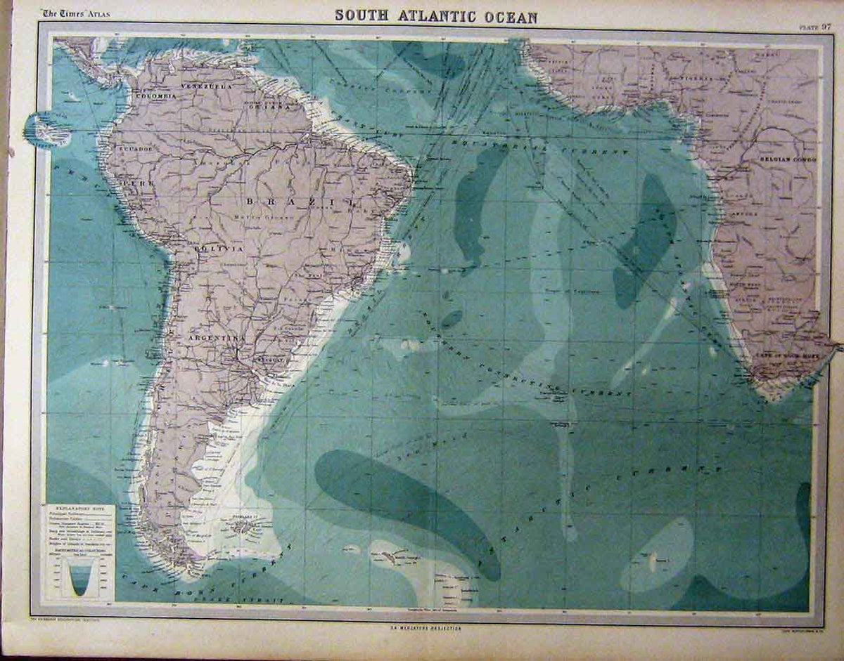 Original Old Vintage Print South Atlantic Ocean 1920 America Map 20th Century