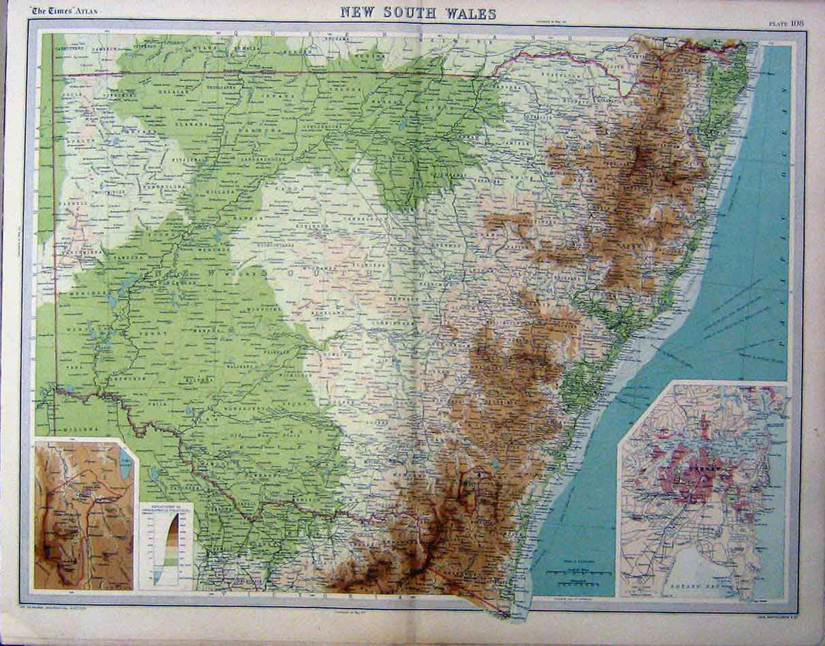 Original Old Vintage Print 1920 New South Wales Australia Colour Map 20th