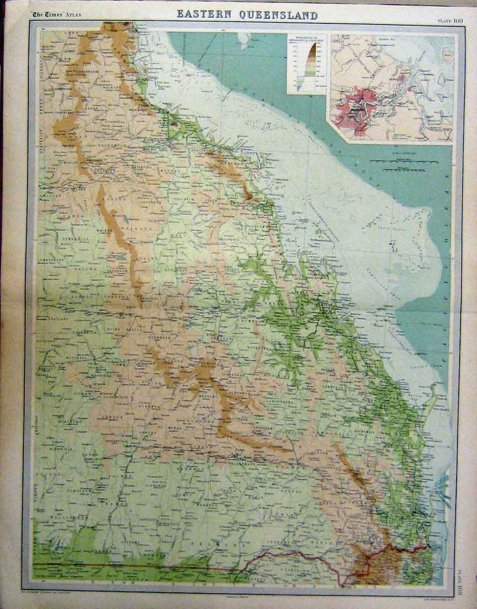 Original Old Vintage Print Eastern Queensland Australia 1920 Map 20th Century