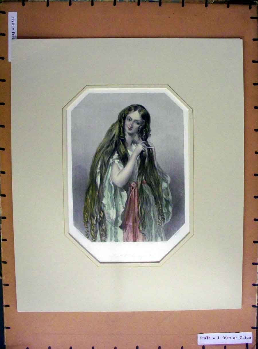 Original Old Antique Print Hand Coloured C1880 Mrs Stanley Beautiful Lady Woman
