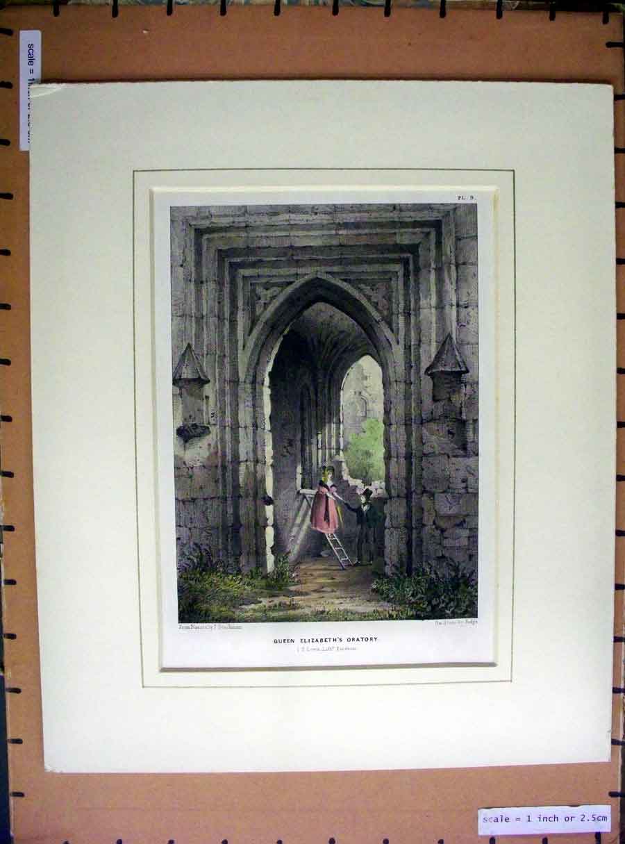 Old Antique Print Hand Coloured C1880 Queen Elizabeth Oratory Lewis Fudge 19th