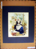 Old Antique Print Hand Coloured C1880 Mother Baby Crib Cat Bergere Paris 19th
