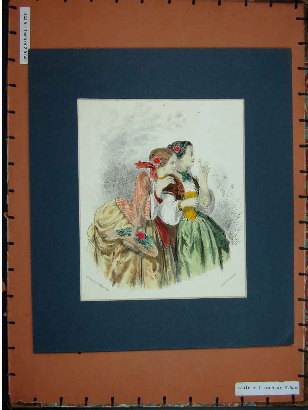 Original Old Antique Print Hand Coloured C1880 Beautiful Ladies Women Dresses