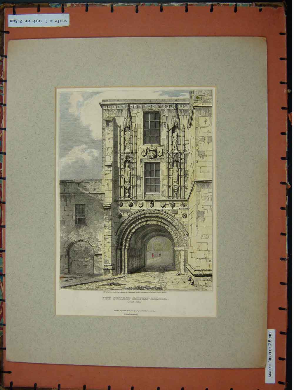 Original Old Antique Print Hand Coloured C1880 Exterior College Gateway Bristol
