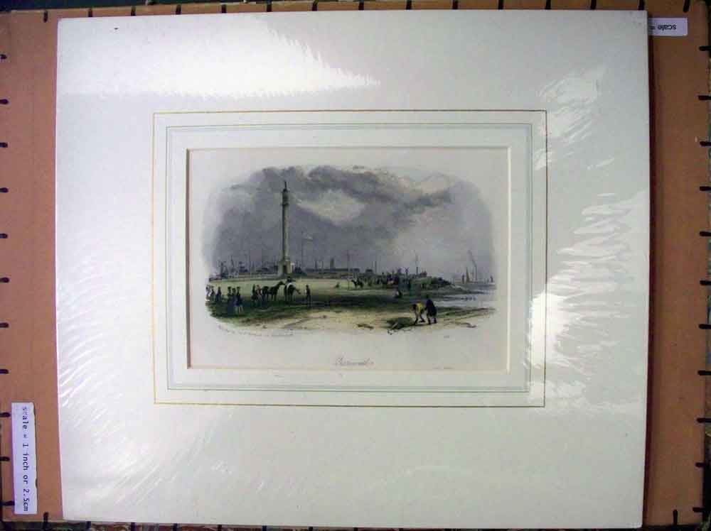 Original Old Antique Print Hand Coloured C1880 View Yarmouth England Town Beach