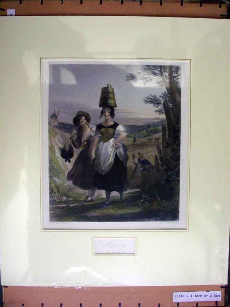Original Old Antique Print C1880 Hand Coloured Milk Girls Farming Country Scene
