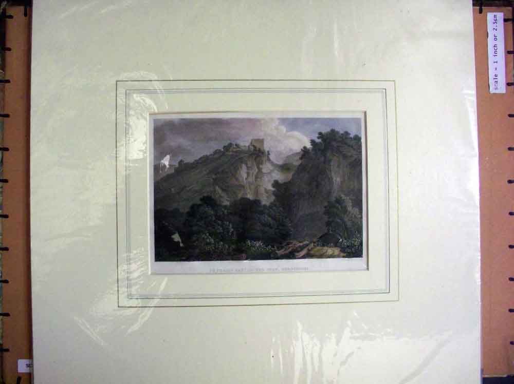 Original Old Antique Print C1880 Hand Coloured Peveril'S Castle Peak Derbyshire