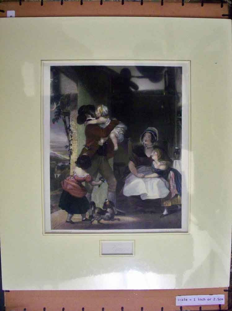 Original Old Antique Print C1880 Hand Coloured Family Man Children Dog Egleton