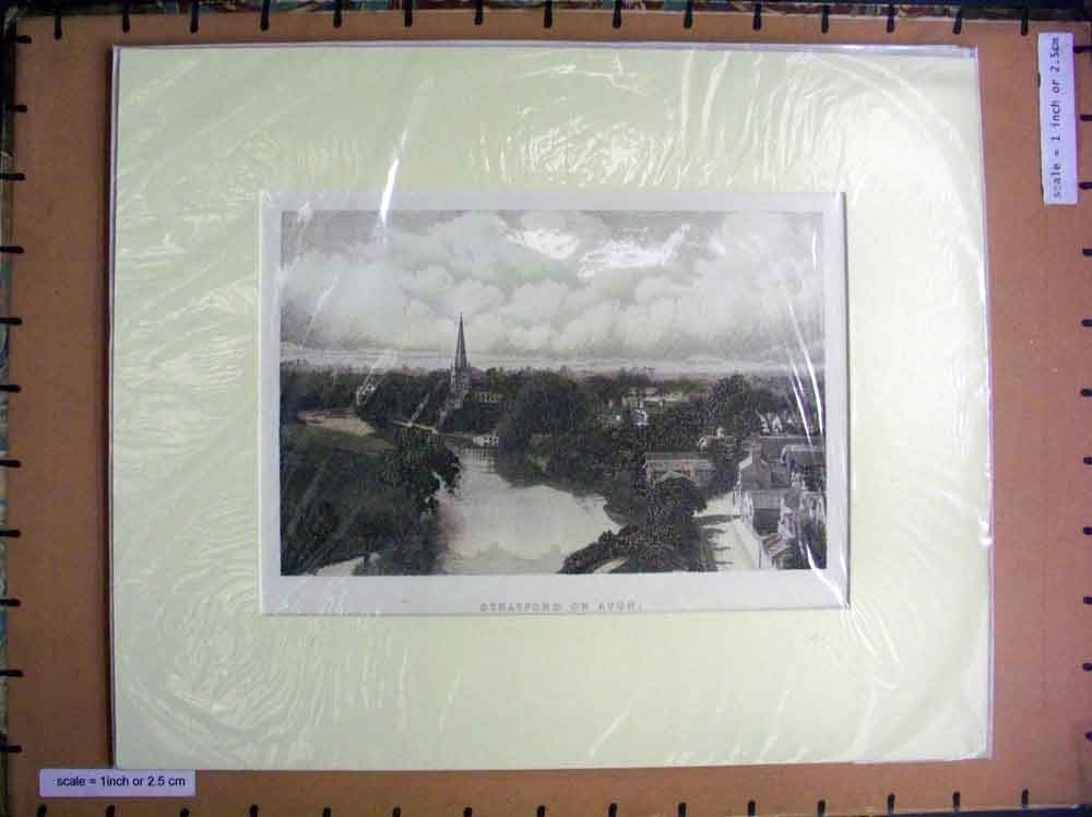Old Antique Print C1880 View Stratford On Avon Town England Church Tower 19th