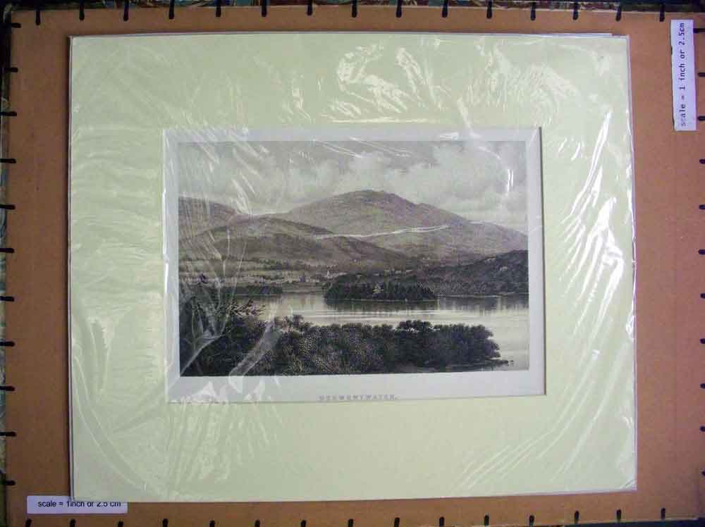 Original Old Antique Print C1880 View Derwentwater Mountains Town Lake 19th