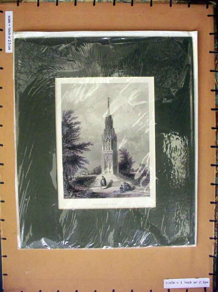 Original Old Antique Print C1880 View Waltham Cross Monument Trees Engraving