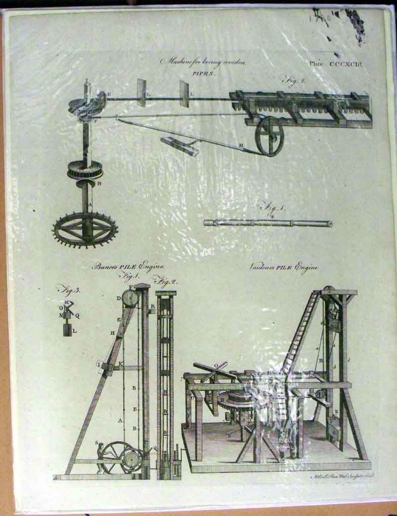 Old Antique Print Encyclopaedia Machine Boring Wooden Pipes Pile Engine