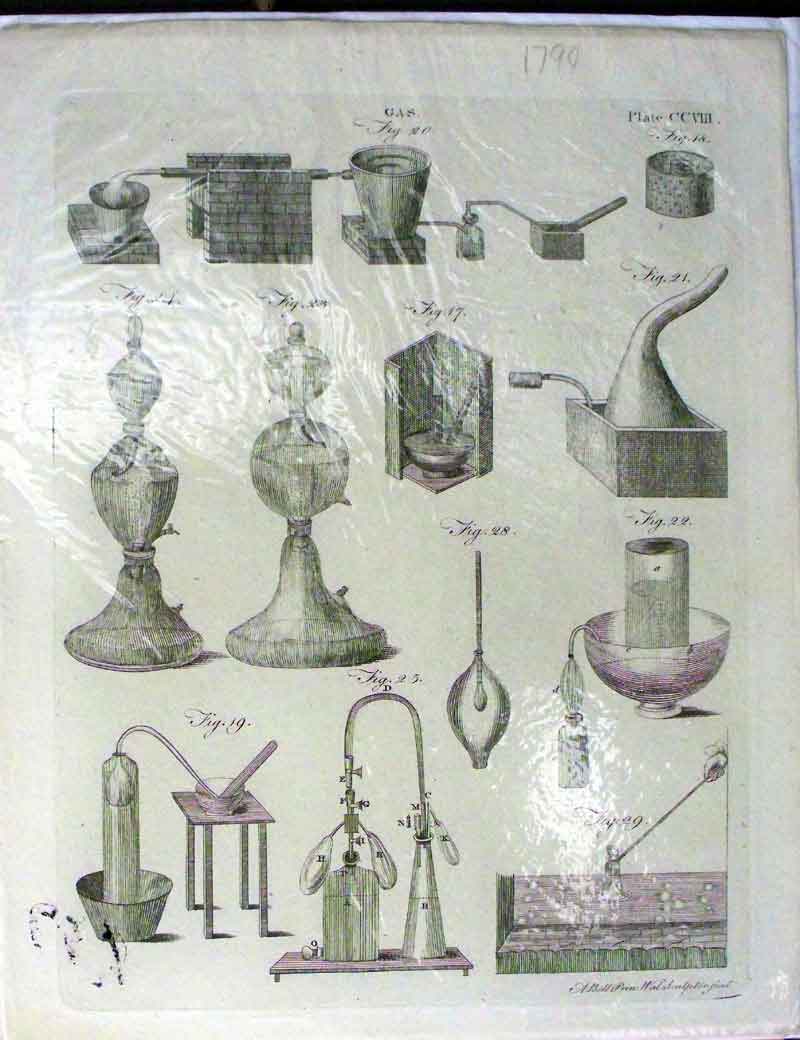 Original Old Antique Print Encyclopaedia Gas Instruments Experiments