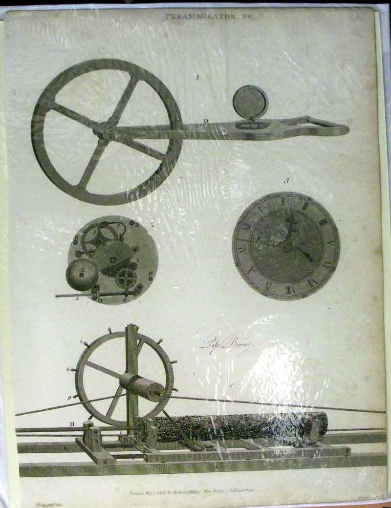 Original Old Antique Print Encyclopaedia Perambulator Pipe Boring Instruments