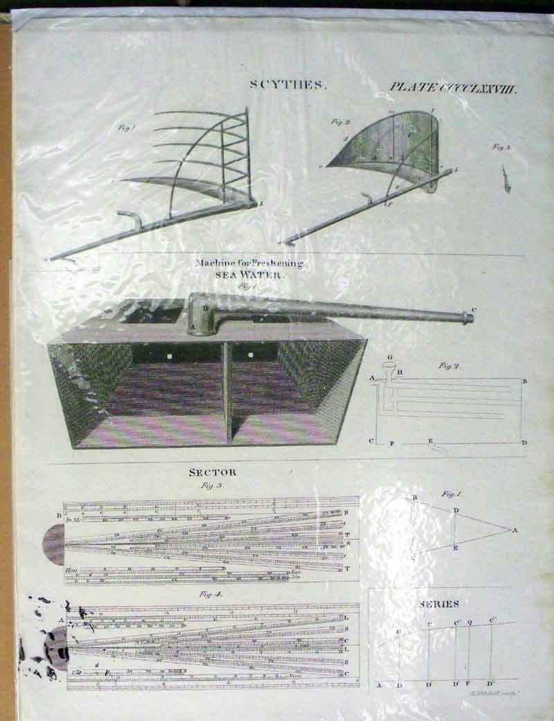 Old Antique Print Encyclopaedia Scythes Diagrams Machine Sea Water Plan