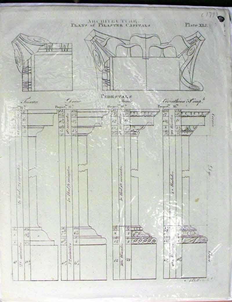 Old Antique Print Encyclopaedia Architecture Pilaster Capitals Pedestals