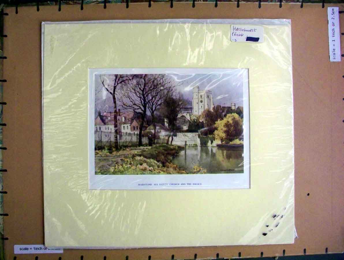 Old Antique Print C1910 Maidstone All Saints Church Palace River Colour 20th