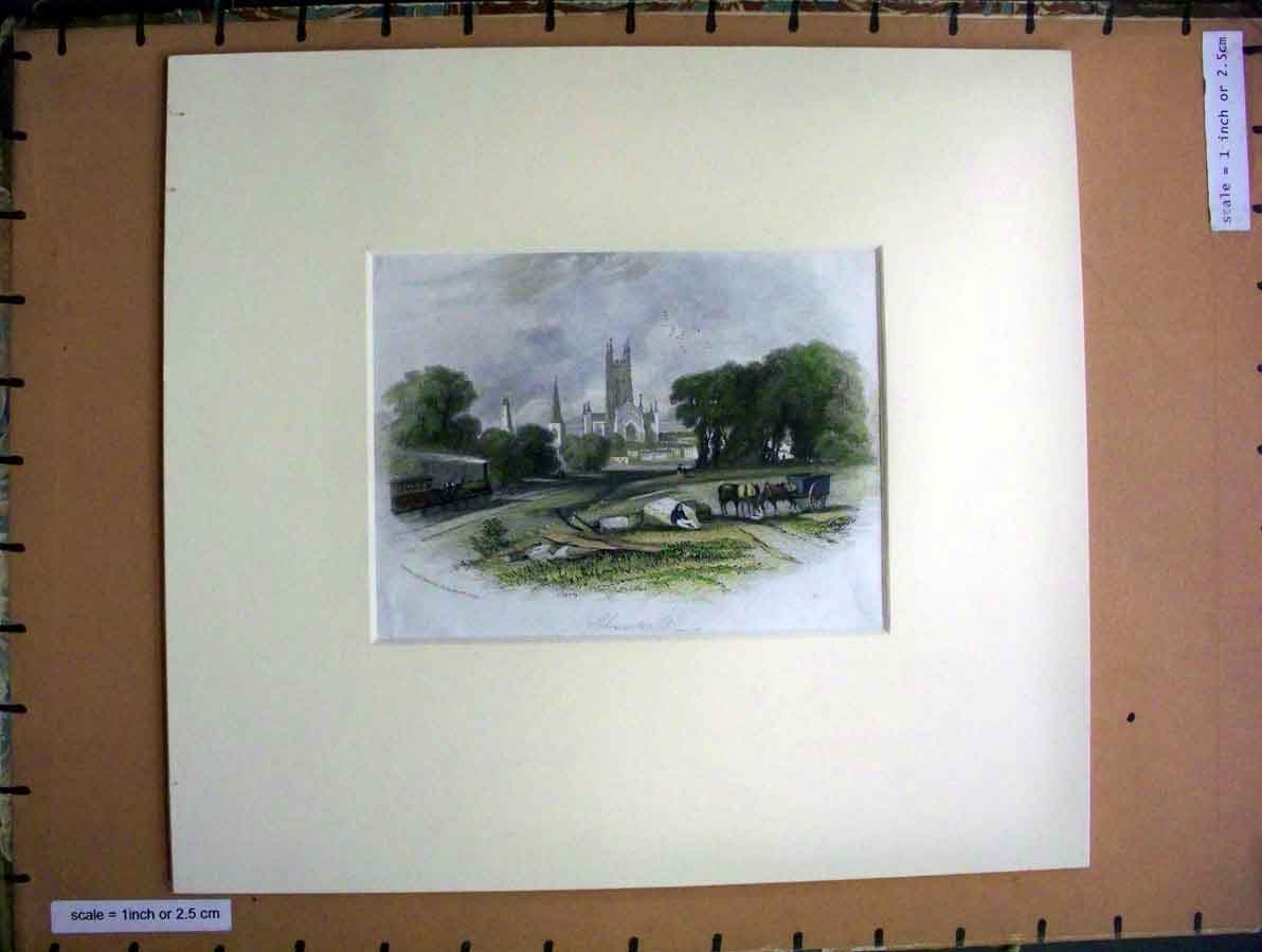 Old Antique Print Hand Coloured C1880 View Gloucester Town Church Trees 19th