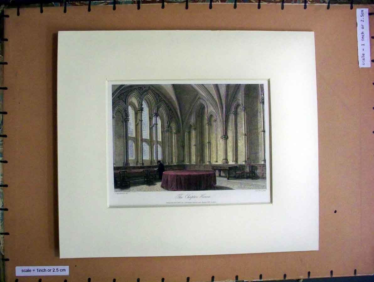 Old Antique Print Hand Coloured C1880 Architecture Chapter House Interior 19th