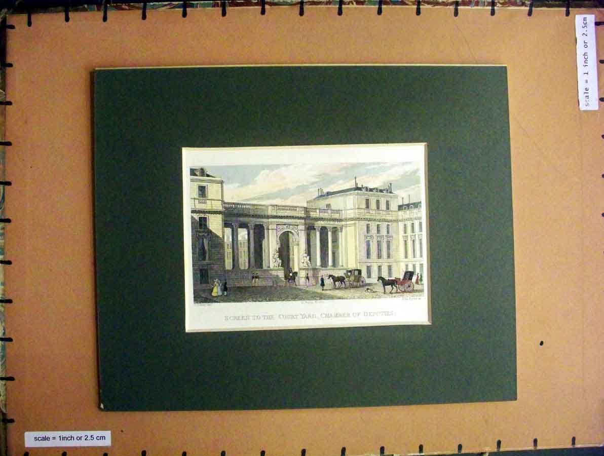 Old Antique Print Hand Coloured C1880 Screen Court Yard Chamber Deputies 19th
