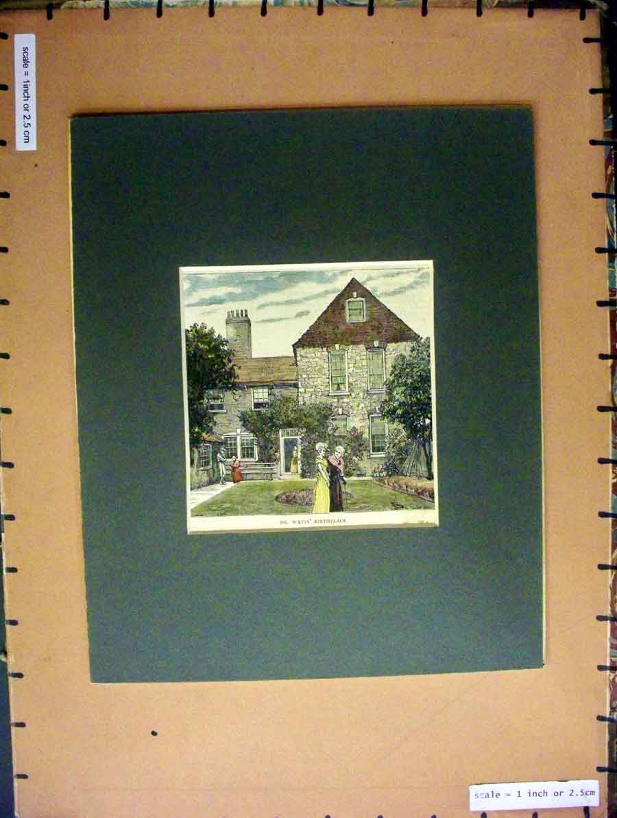 Old Antique Print Hand Coloured C1880 Architecture Dr. Watts Birthplace 19th