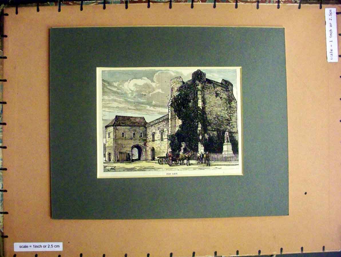 Original Old Antique Print Hand Coloured C1880 View Gaol Buildings Horse Cart