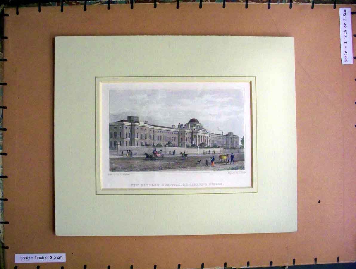 Old Antique Print Hand Coloured C1880 Bethlen Hospital St George'S Fields 19th