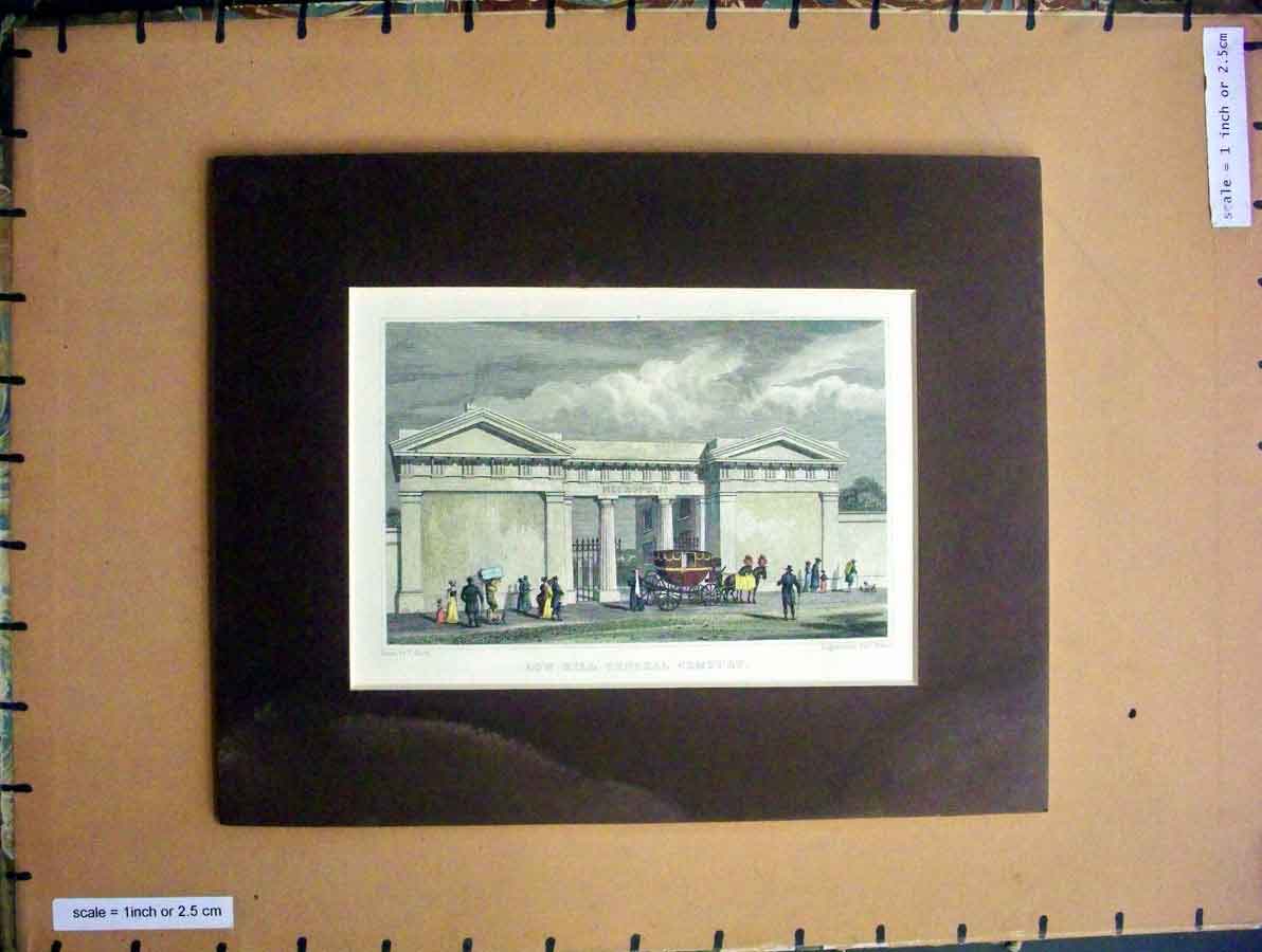 Old Antique Print Hand Coloured C1880 Exterior Low Hill General Cemetery 19th