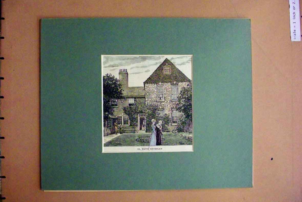 Original Old Antique Print Hand Coloured C1880 Dr Watts Birthplace House Garden